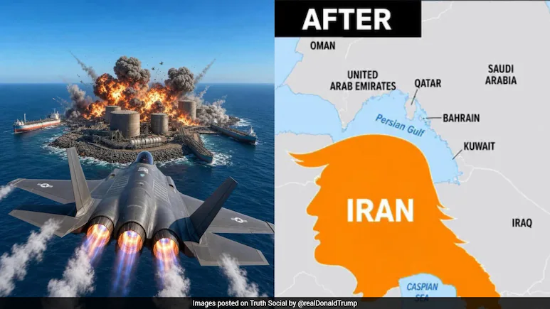 Donald Trump AI graphic related to Iran and Strait of Hormuz conflict.