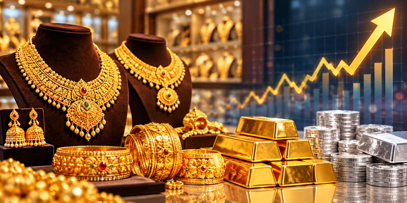 Gold jewellery displayed at a Hyderabad jewellery store.