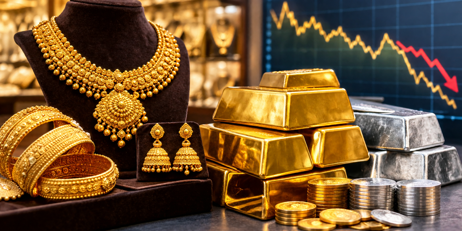 Gold jewellery and bullion with falling market price chart