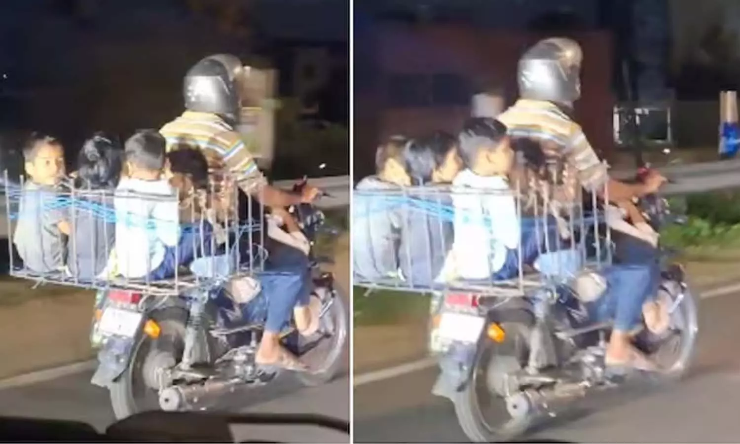Five children sitting in a metal basket attached to a motorcycle