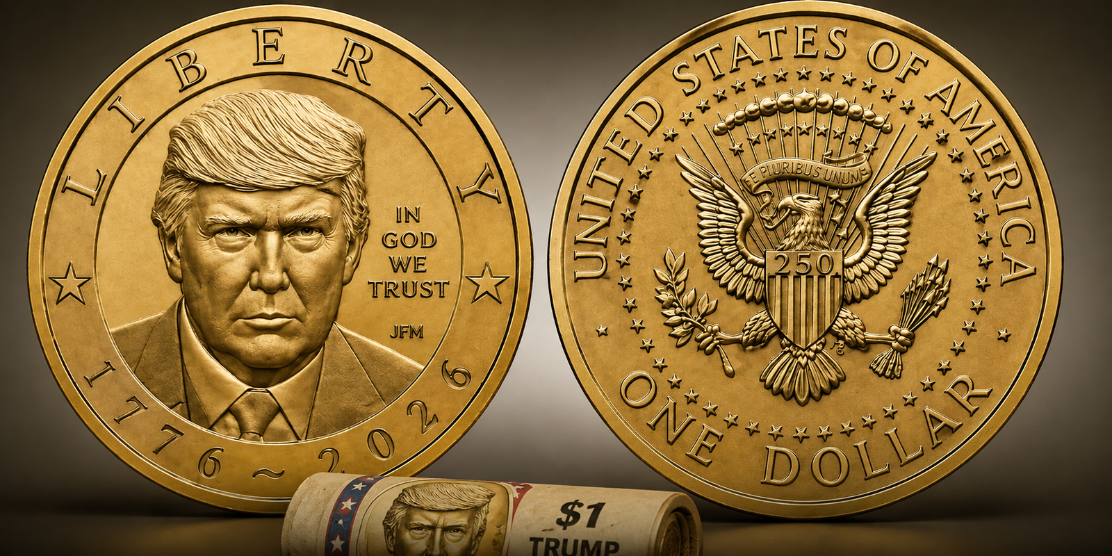 Donald Trump featured on a special US one dollar coin.