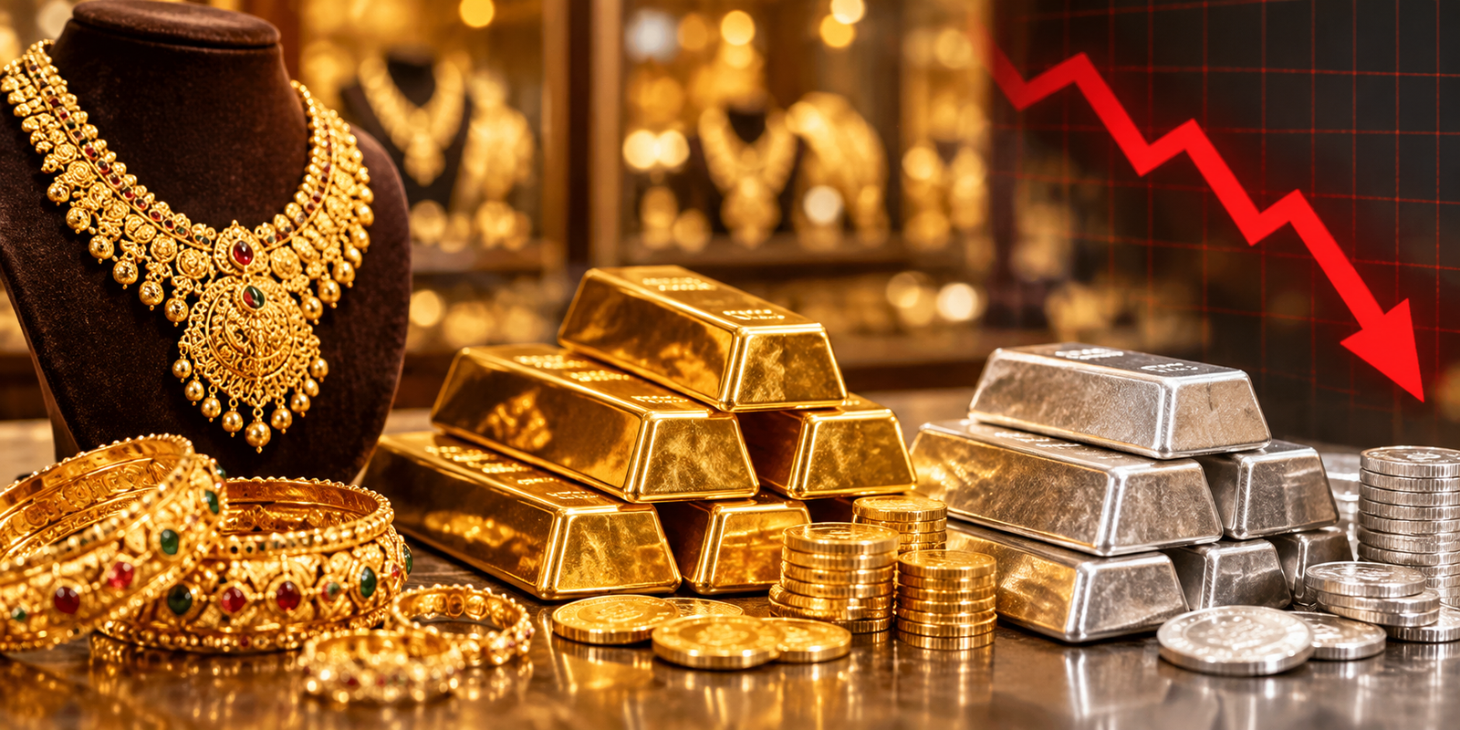 Gold and silver jewellery displayed at a Hyderabad bullion market.
