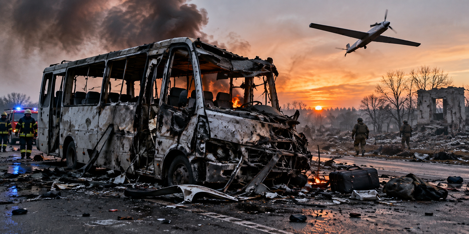 Damaged passenger bus after Russian drone attack in Ukraine
