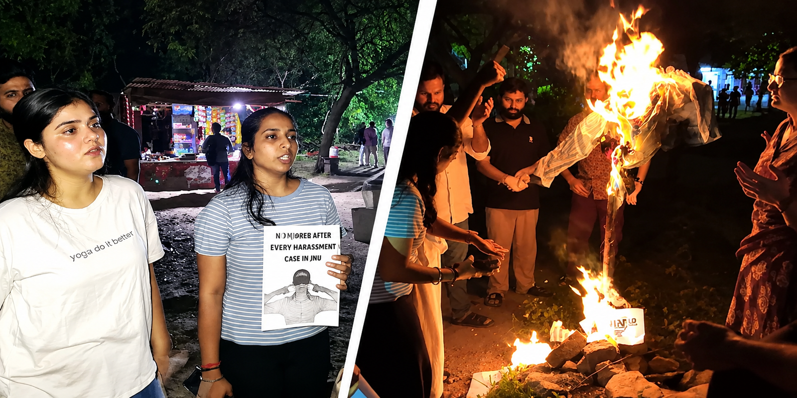 JNU students protest against sexual harassment allegations on campus.
