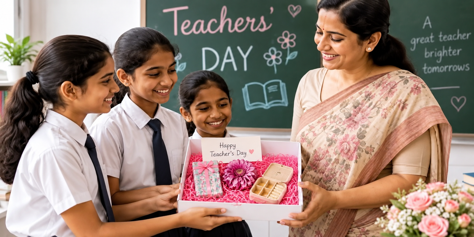 Students honoring teachers during Teachers Day celebrations in India.