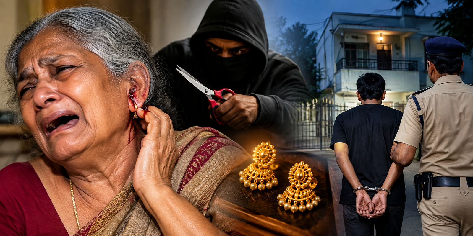 Elderly woman attacked during gold earrings robbery in Nizamabad.