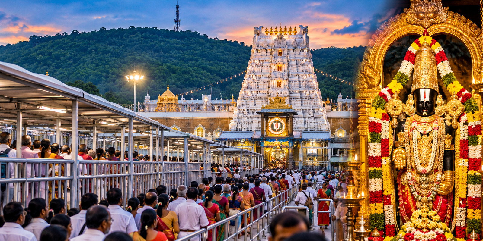 Devotees waiting for Srivari darshan at Tirumala queue complex.