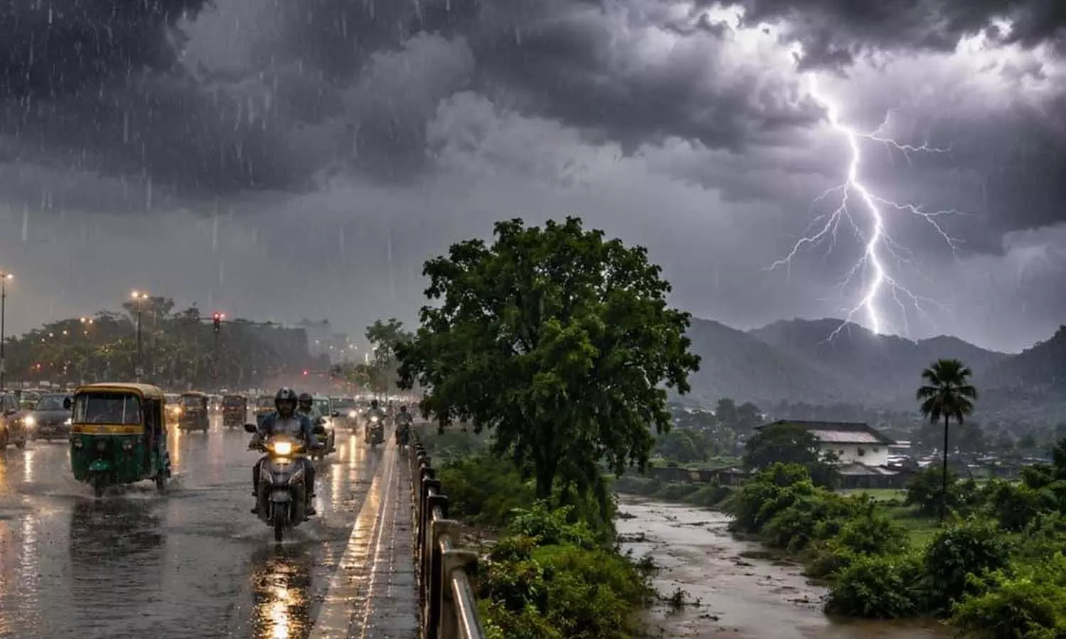 Dark rain clouds over a South Indian city