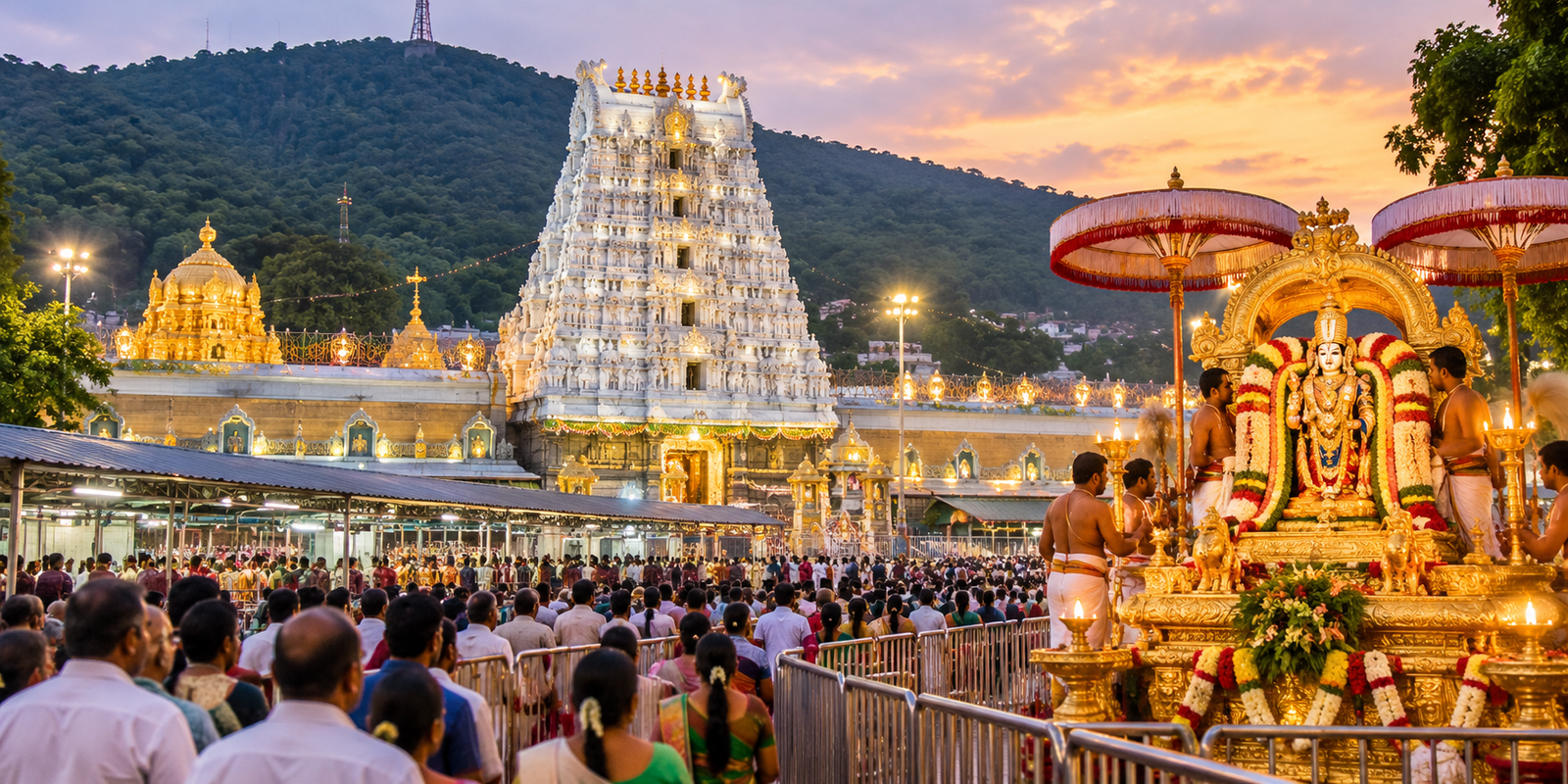 Tirumala temple and devotees during Brahmotsavam procession