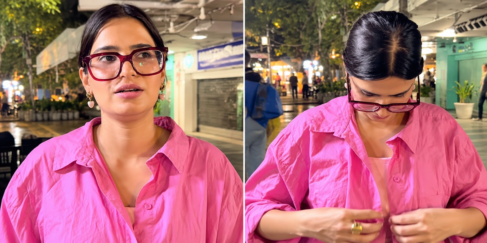 Woman wearing an extra pink shirt at Connaught Place in Delhi