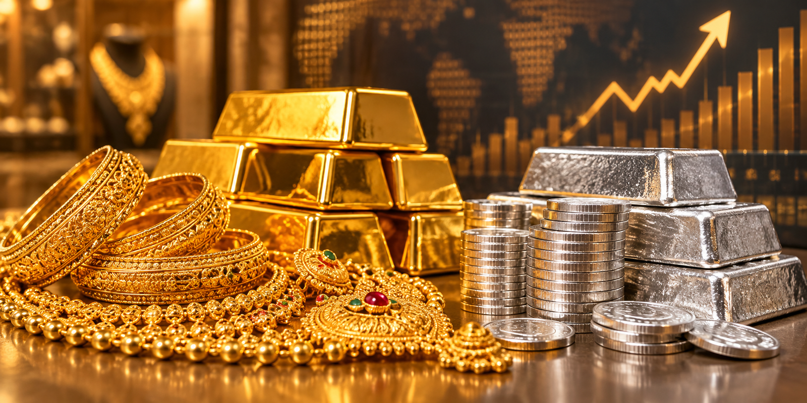 Gold and silver prices rise in Hyderabad bullion market.