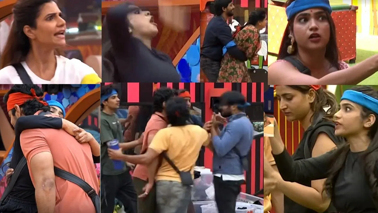 Bigg Boss Telugu contestants during a heated task in the house