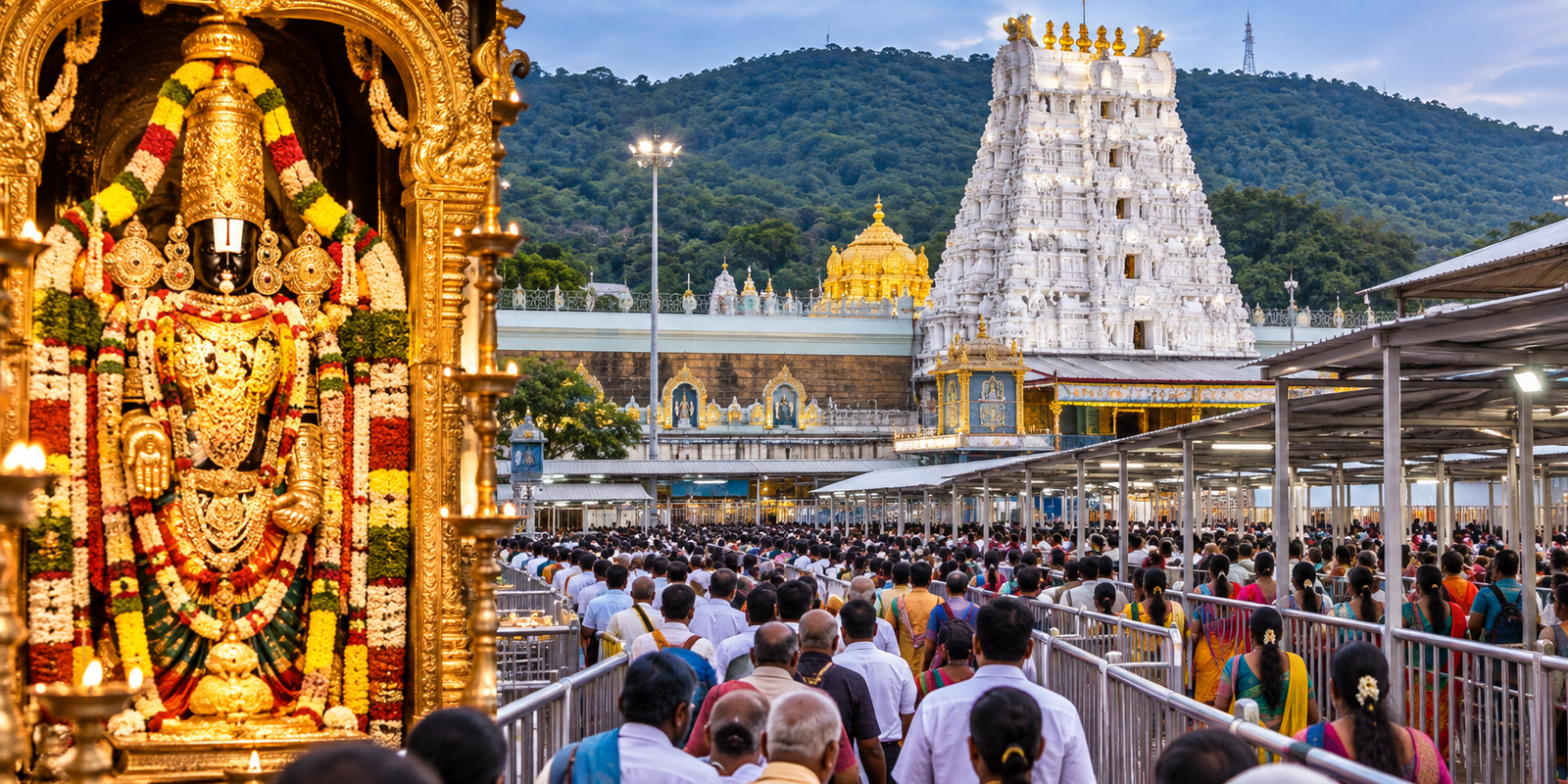 Devotees wait in long queues for Tirumala Srivari darshan.