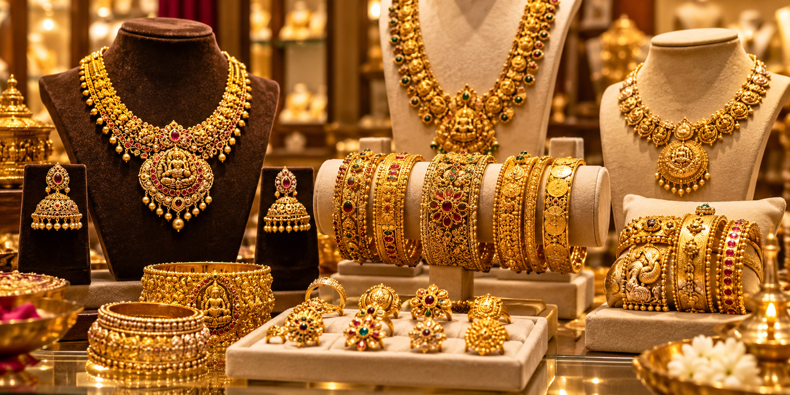 Gold jewellery and falling gold price chart in India