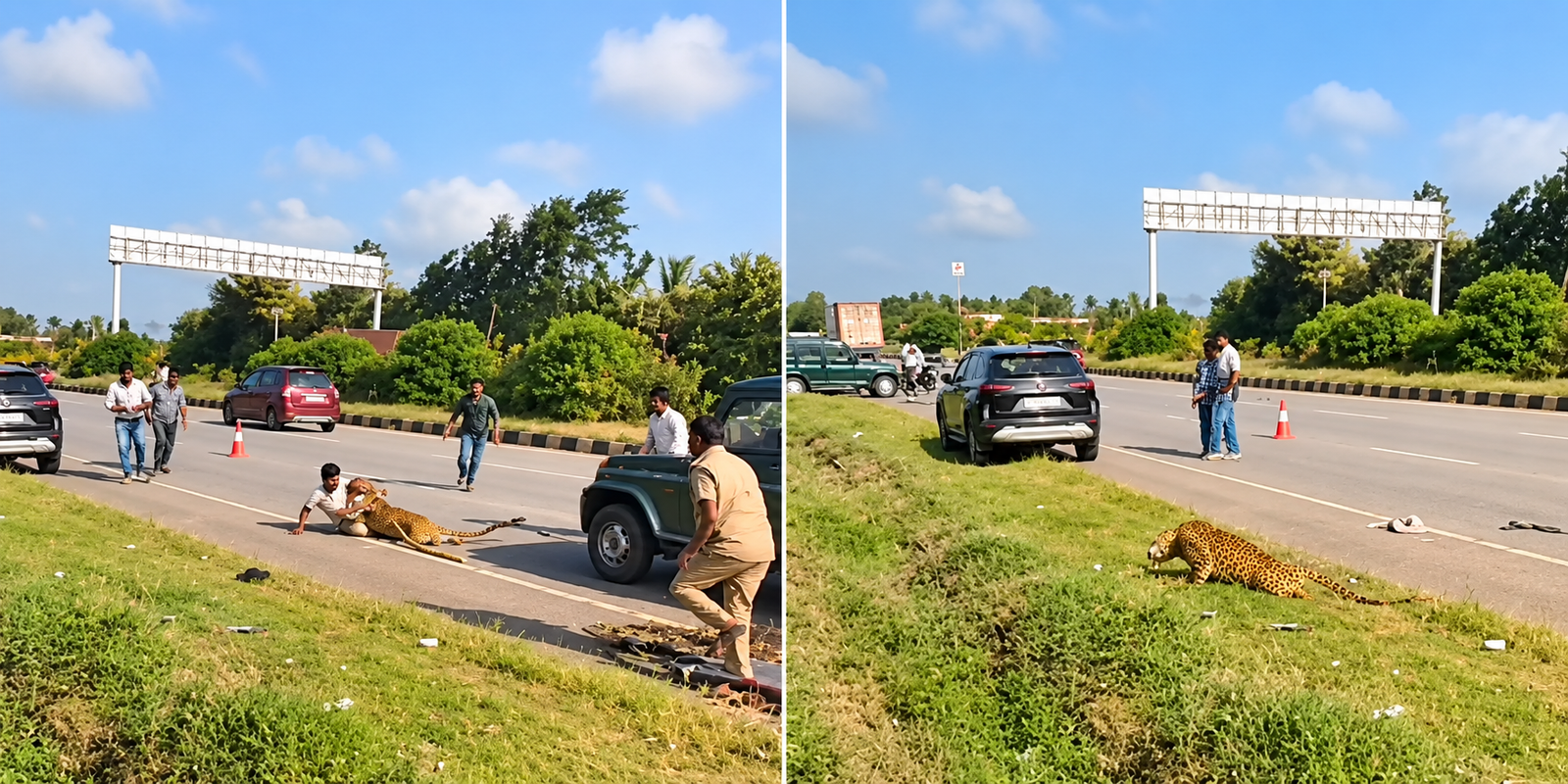 Injured leopard being rescued by forest officials near Davangere highway.