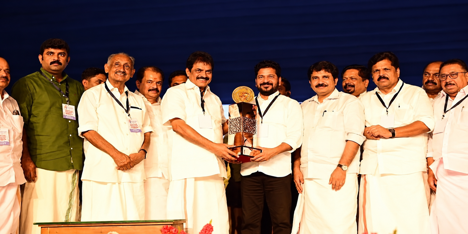 Revanth Reddy receives Aryadan Mohammed Best Public Servant Award in Kerala.