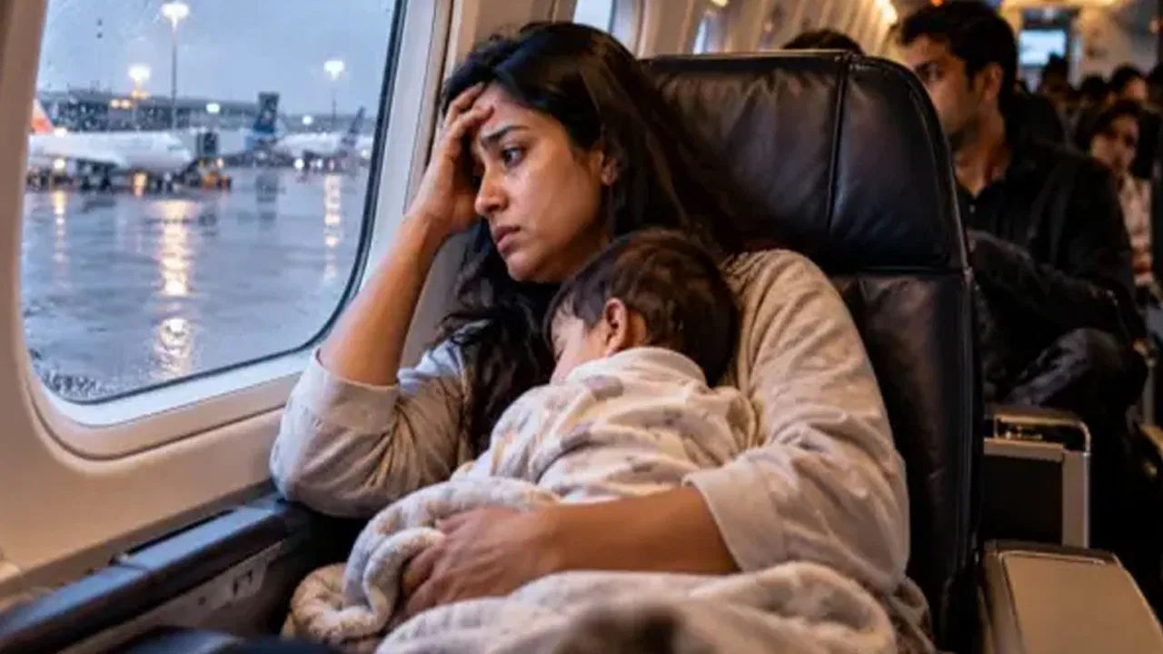 Woman passenger with child waiting during flight cancellation
