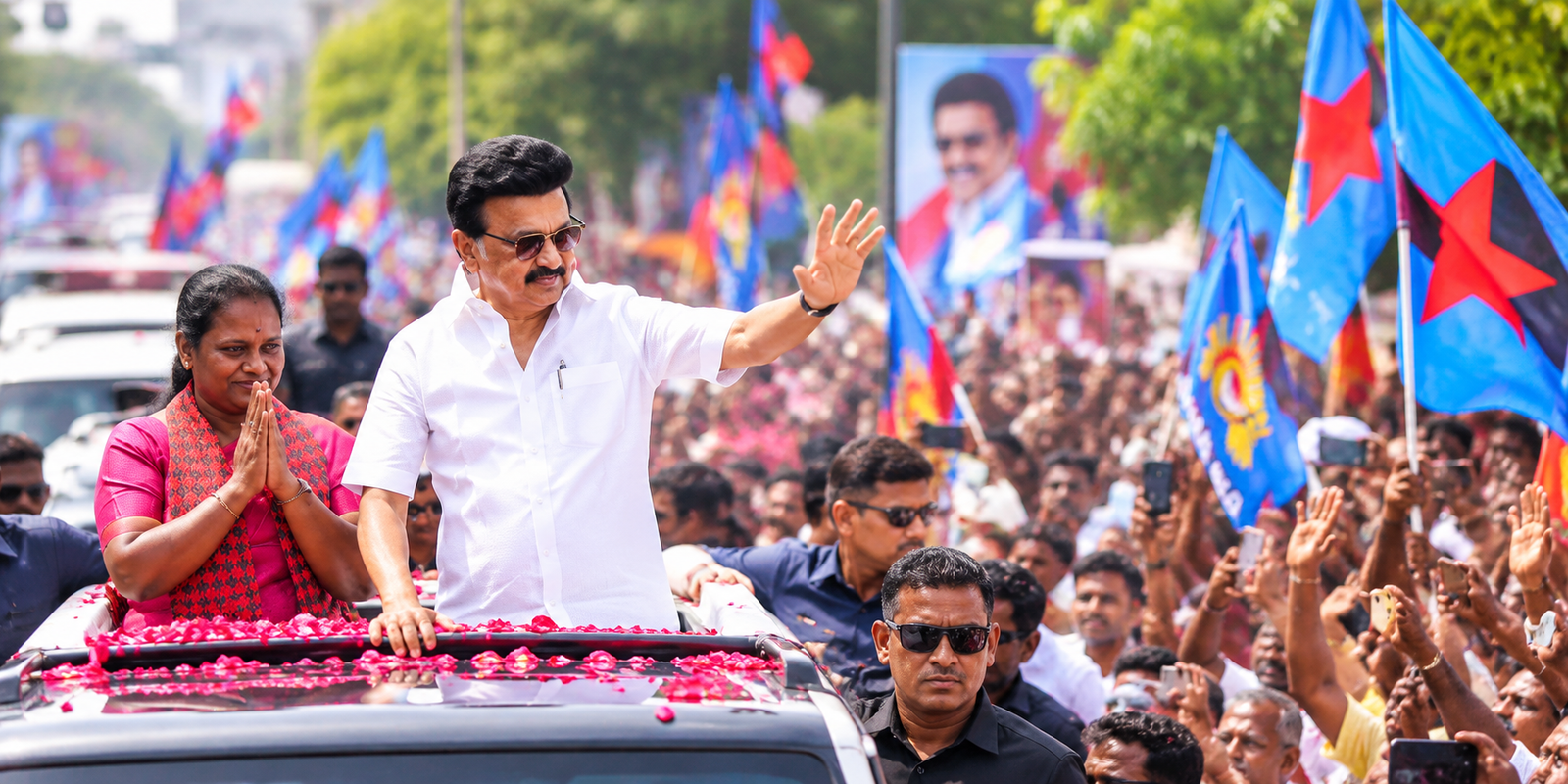 MK Stalin and TVK candidate Sathyabama during Dharapuram election campaign.