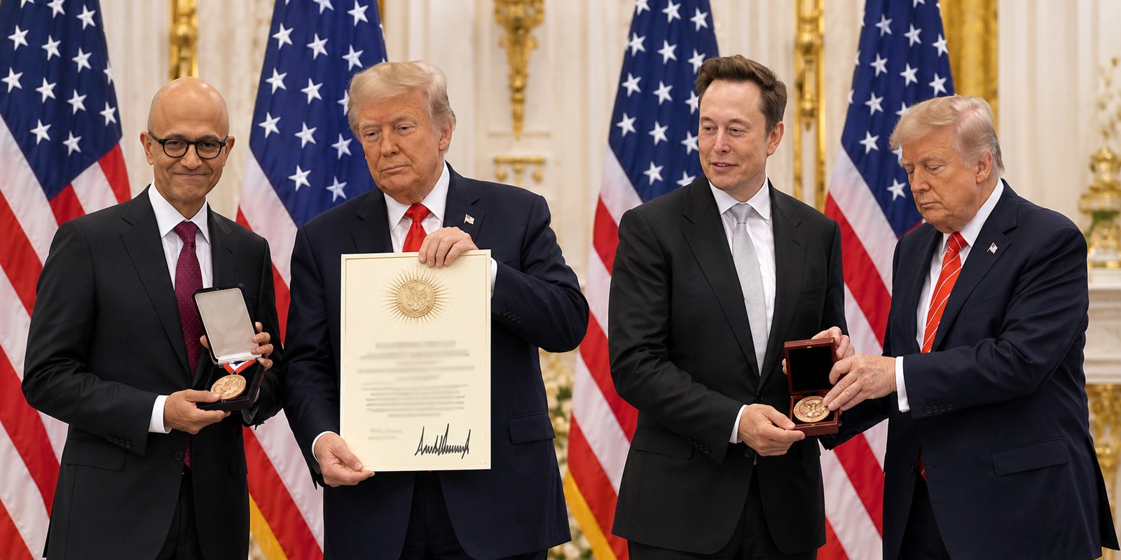 Donald Trump honors Satya Nadella and Elon Musk at a US technology awards ceremony.