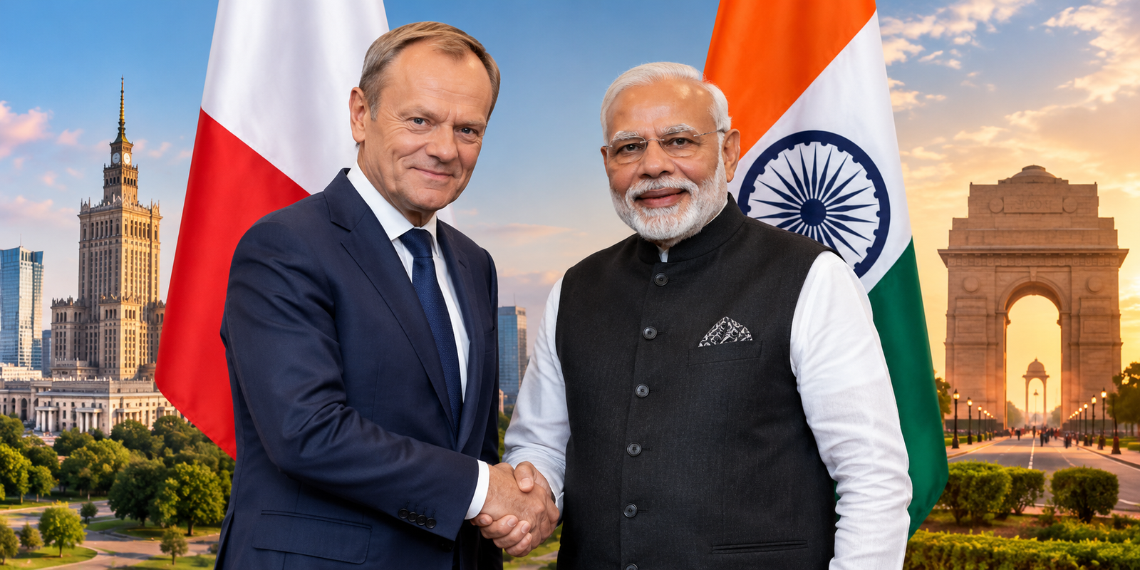 Poland Prime Minister Donald Tusk and Indian Prime Minister Narendra Modi meeting.