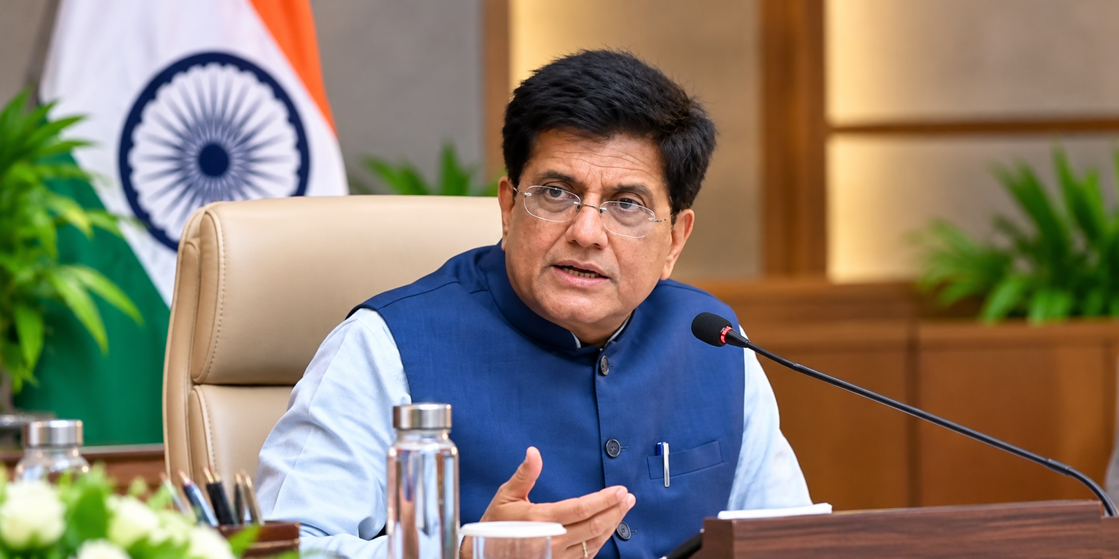 Piyush Goyal addresses the media during a press conference in New Delhi.