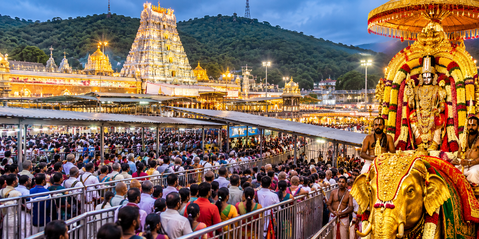 Devotees waiting in long queues for Lord Venkateswara darshan at Tirumala.