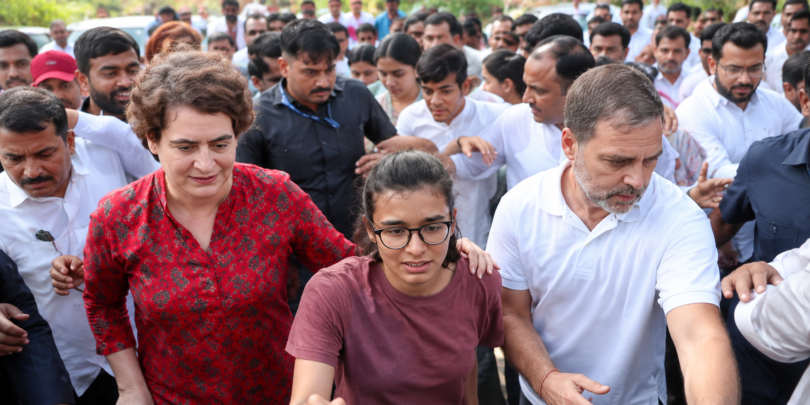 Rahul Gandhi, Priyanka Gandhi and Neha Bora during the Delhi opposition march.
