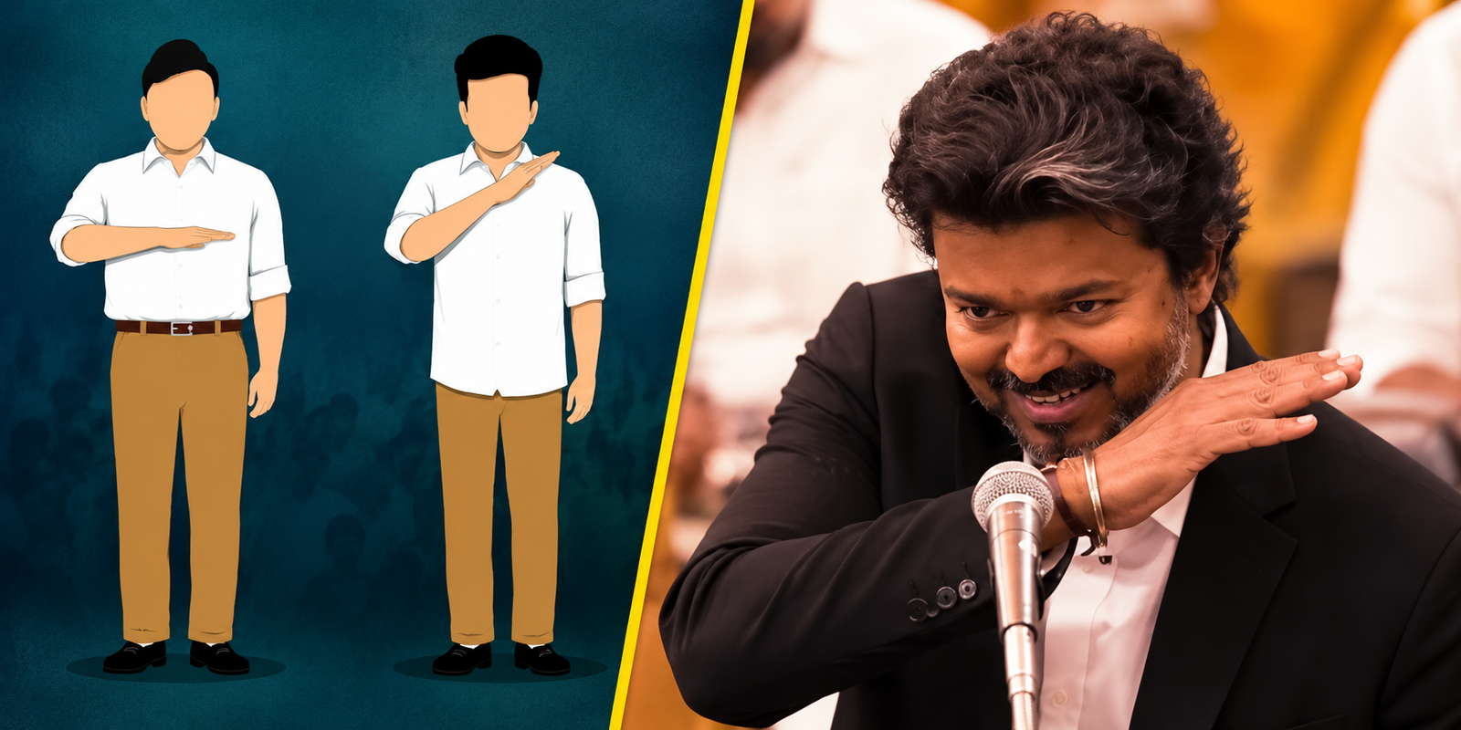 Tamil Nadu CM Vijay and MK Stalin amid the hand gesture controversy