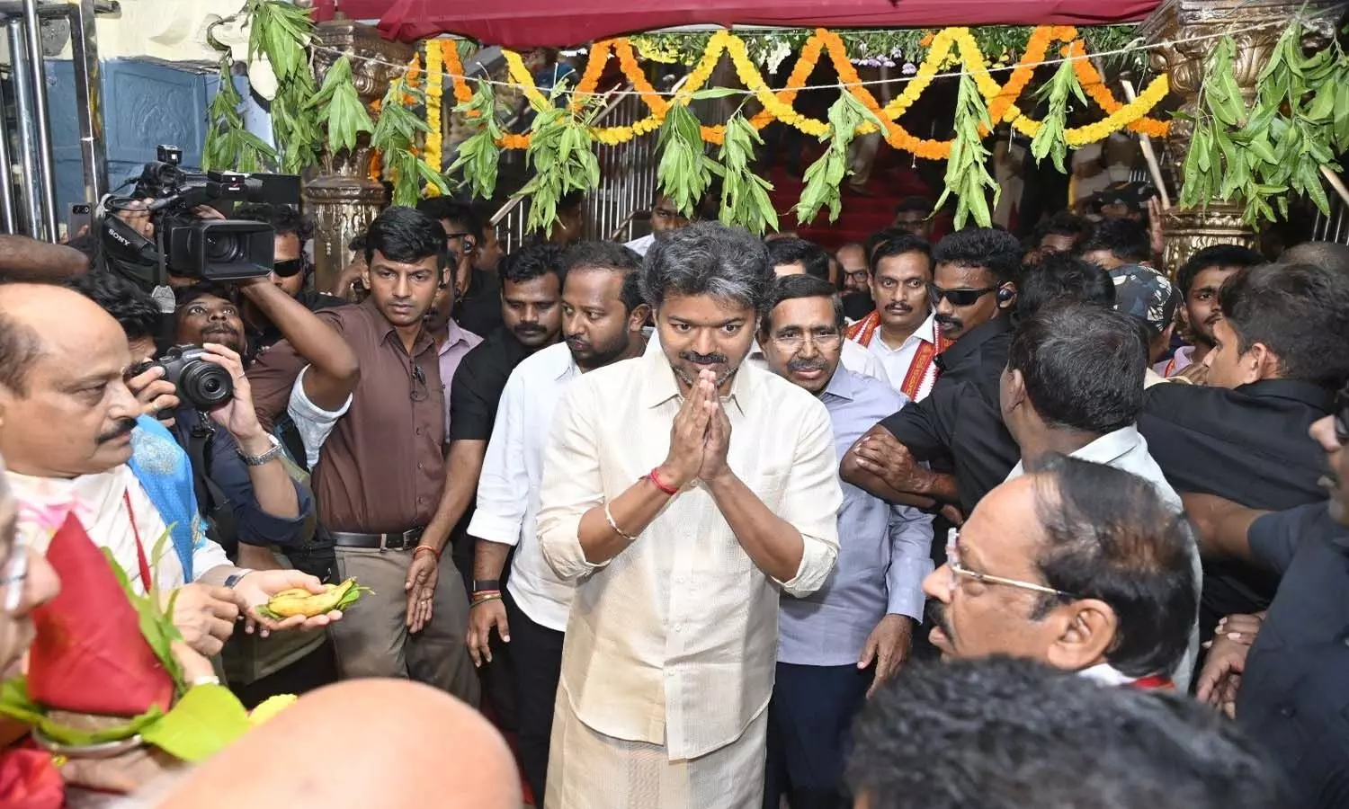 Tamil Nadu CM Joseph Vijay visits Kanaka Durga Temple in Vijayawada.