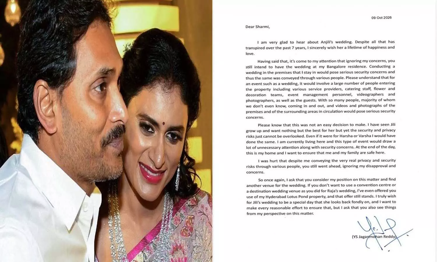 YS Jagan Mohan Reddy letter on Anjali wedding venue controversy