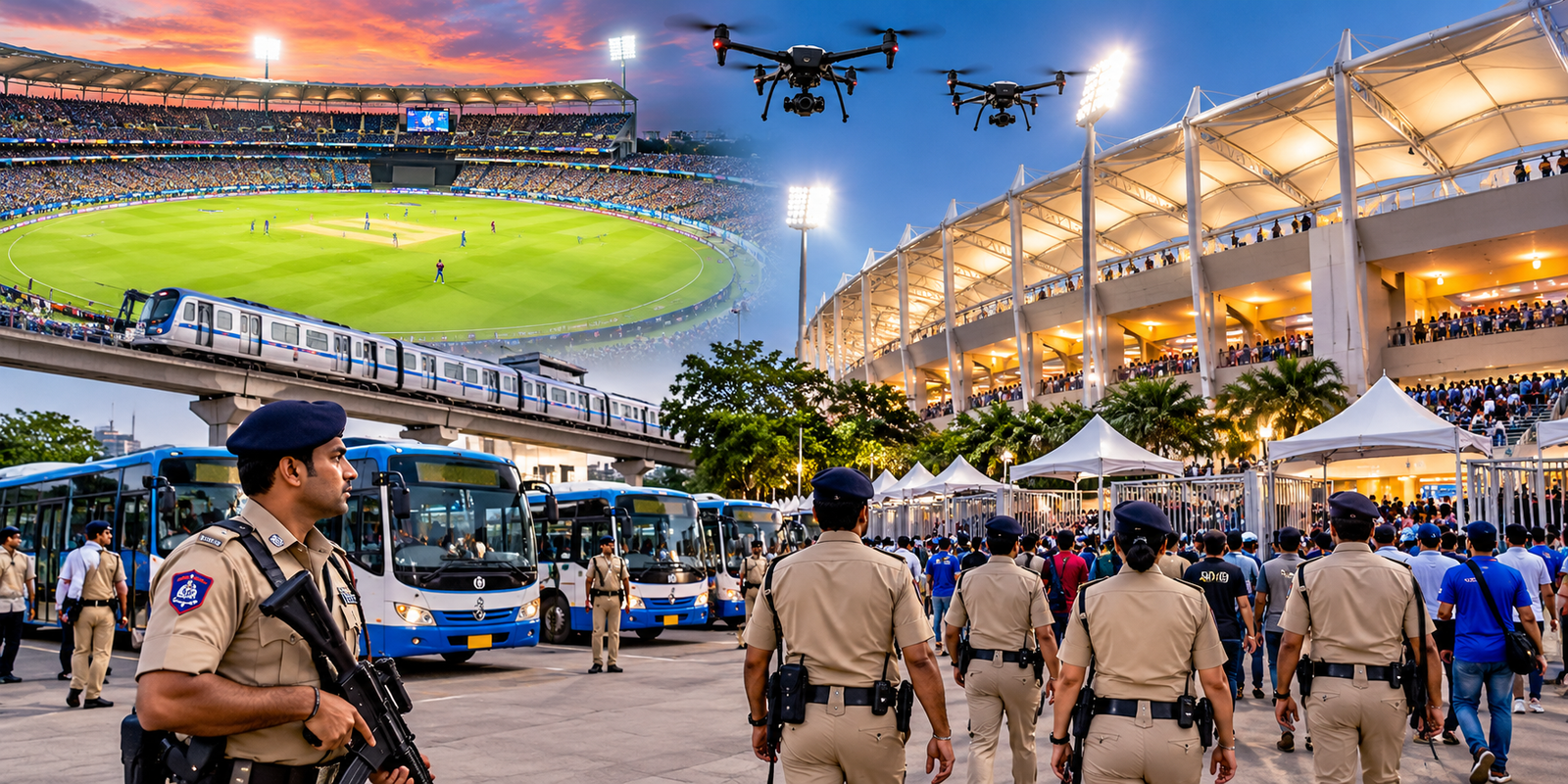 Police security arrangements at Uppal Stadium ahead of the T20 match.