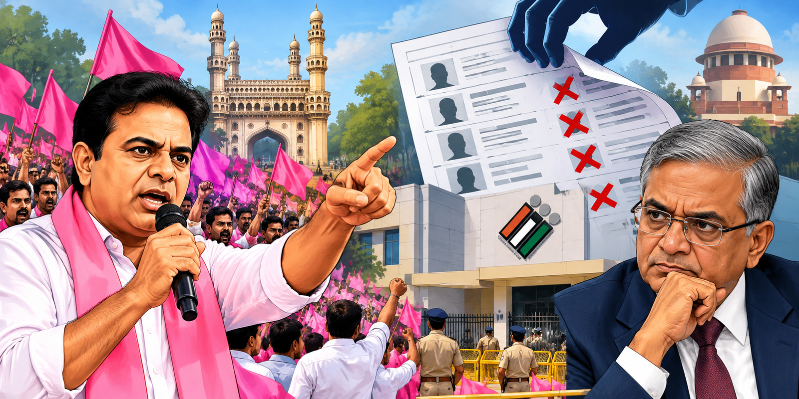 BRS leaders protest against alleged voter list irregularities in Telangana.