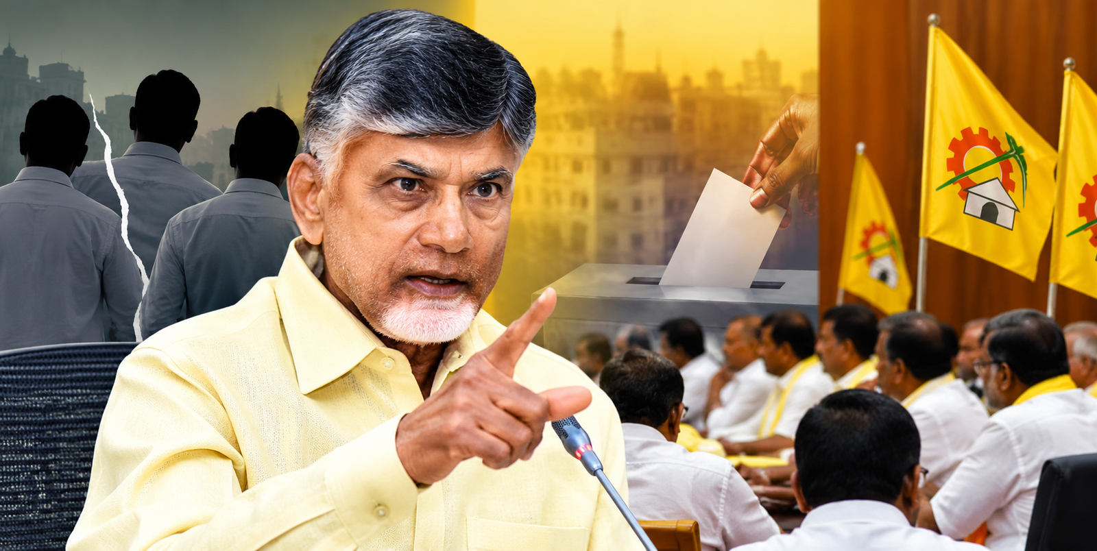 Chandrababu Naidu addresses party leaders during a political meeting.