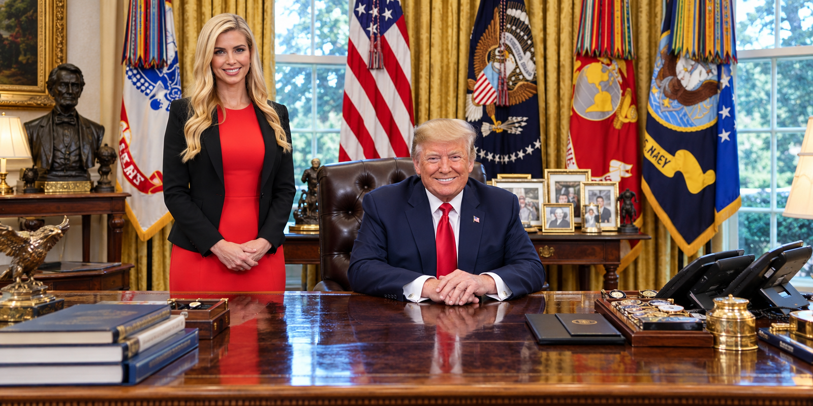Donald Trump and Katie Zachariah during a White House media interaction.
