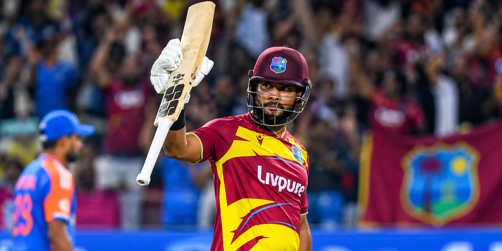Shai Hope celebrates his century against India in the fourth T20I.