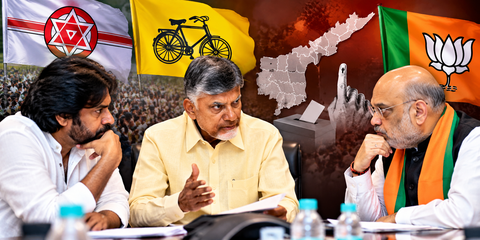 Chandrababu Naidu and alliance leaders discussing local body election seat sharing.