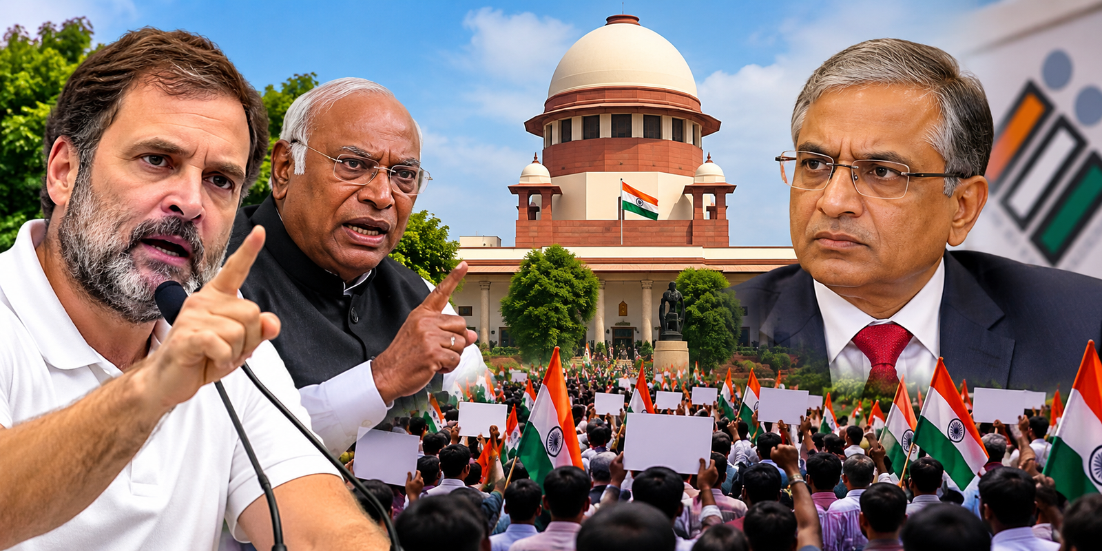 Opposition leaders prepare for a protest march towards the Supreme Court in Delhi.