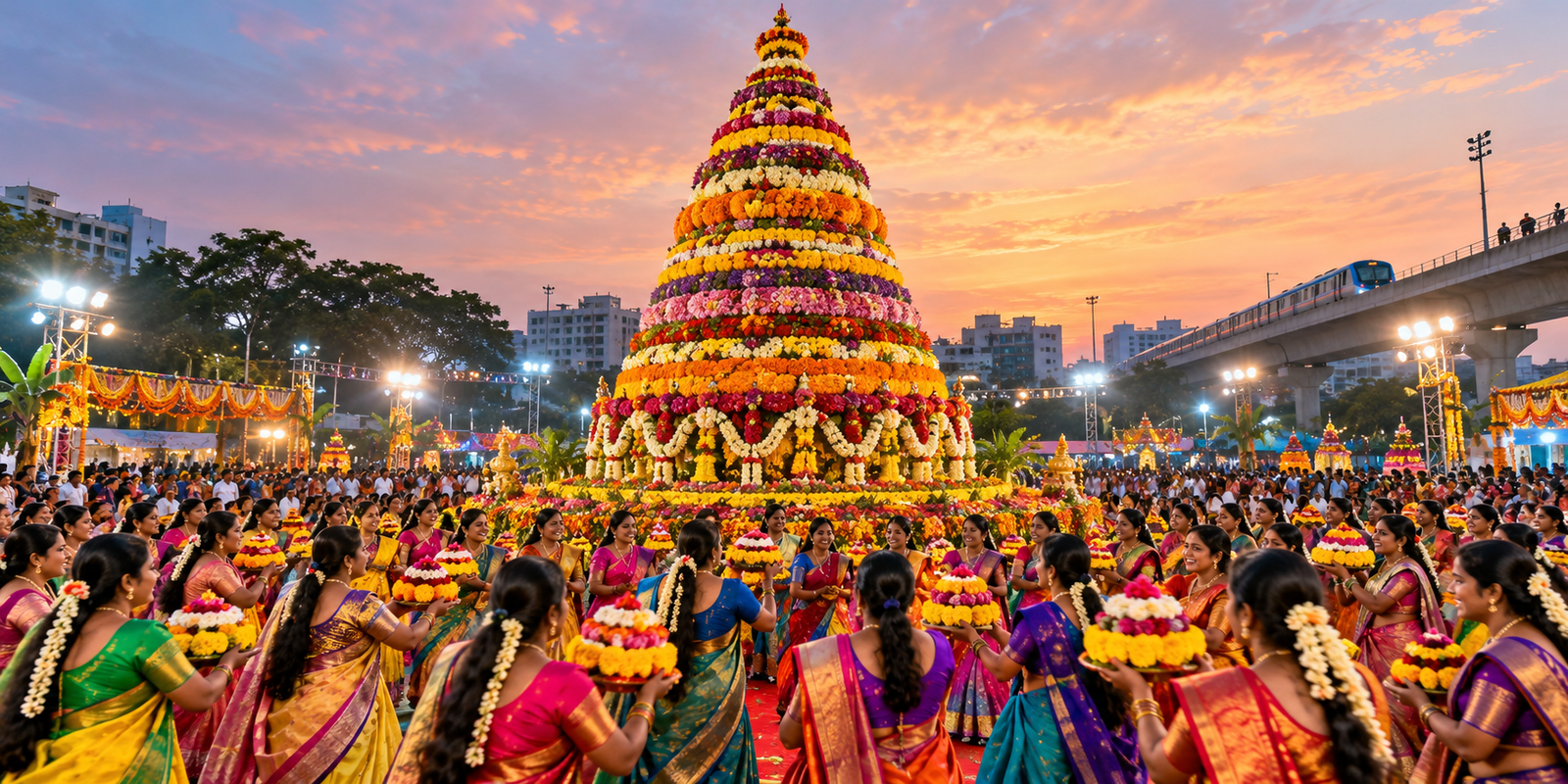 72-foot Bathukamma floral arrangement at Amberpet in Hyderabad.