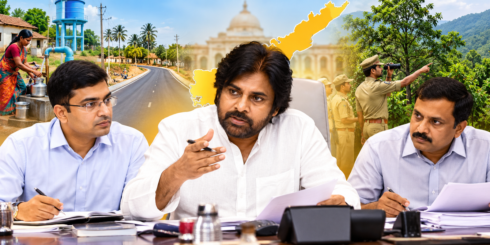 Pawan Kalyan with key officials during Andhra Pradesh governance meeting