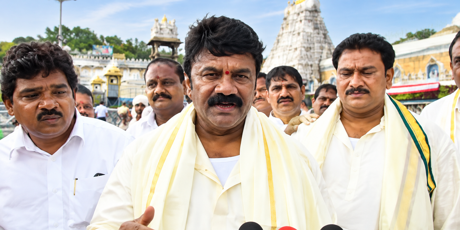 Talasani Srinivas Yadav speaking to media after Tirumala darshan.