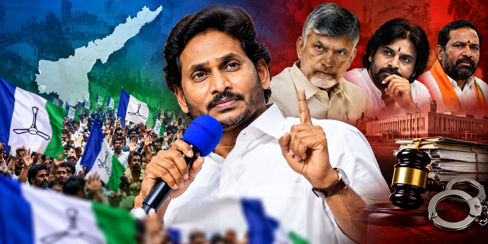YS Jagan addressing supporters amid political criticism and legal controversies.