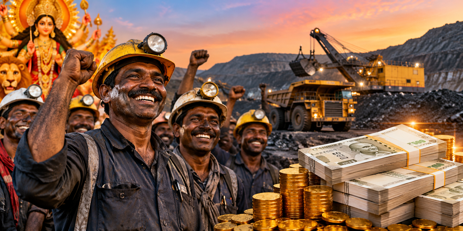 Singareni coal mine workers receiving Dussehra bonus announcement.