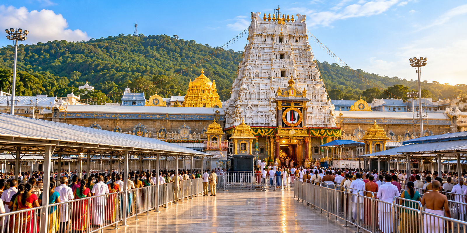 Devotees waiting for Lord Venkateswara darshan at Tirumala temple.