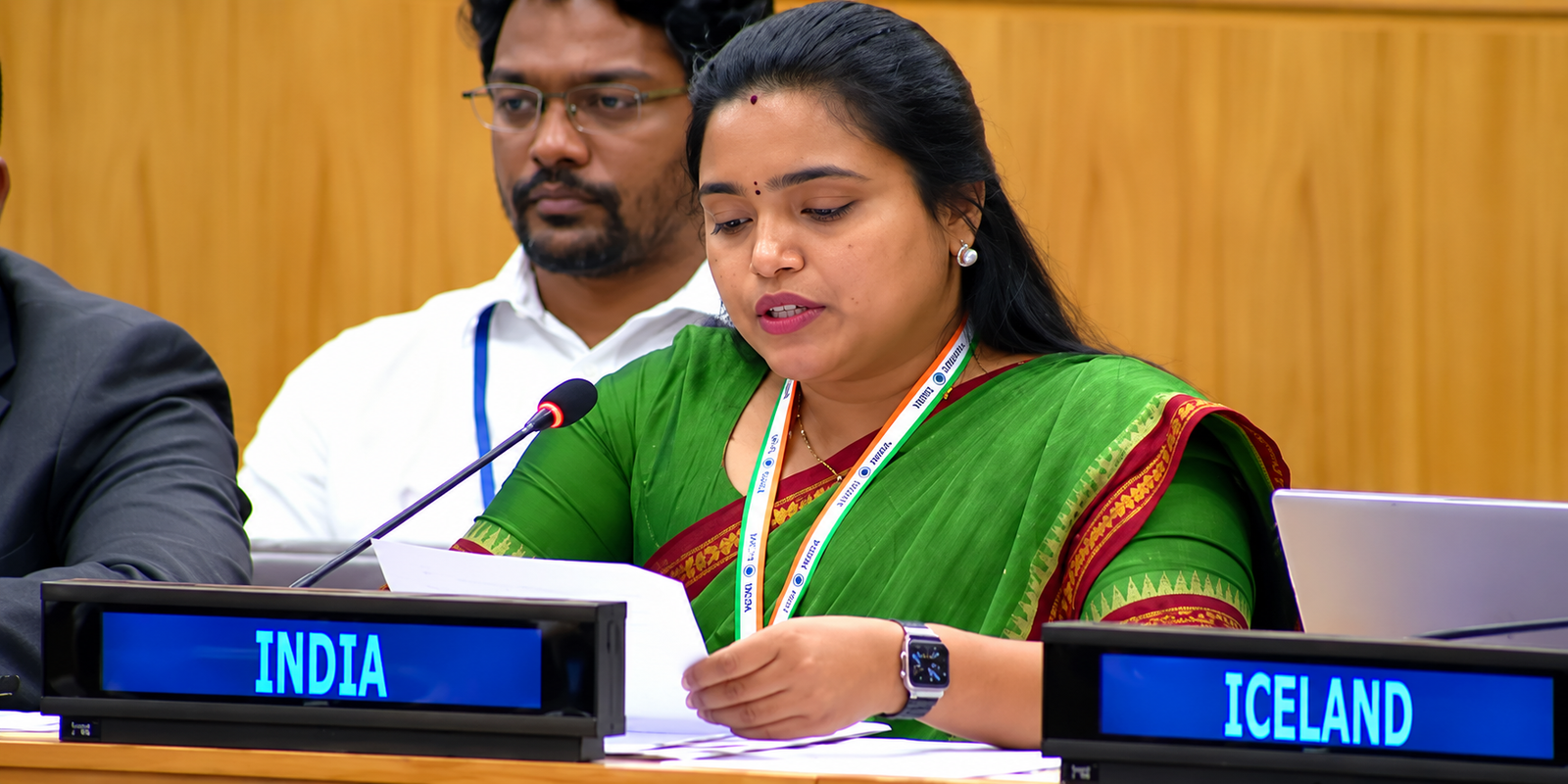 Gumma Tanuja Rani speaking at the United Nations on behalf of India.