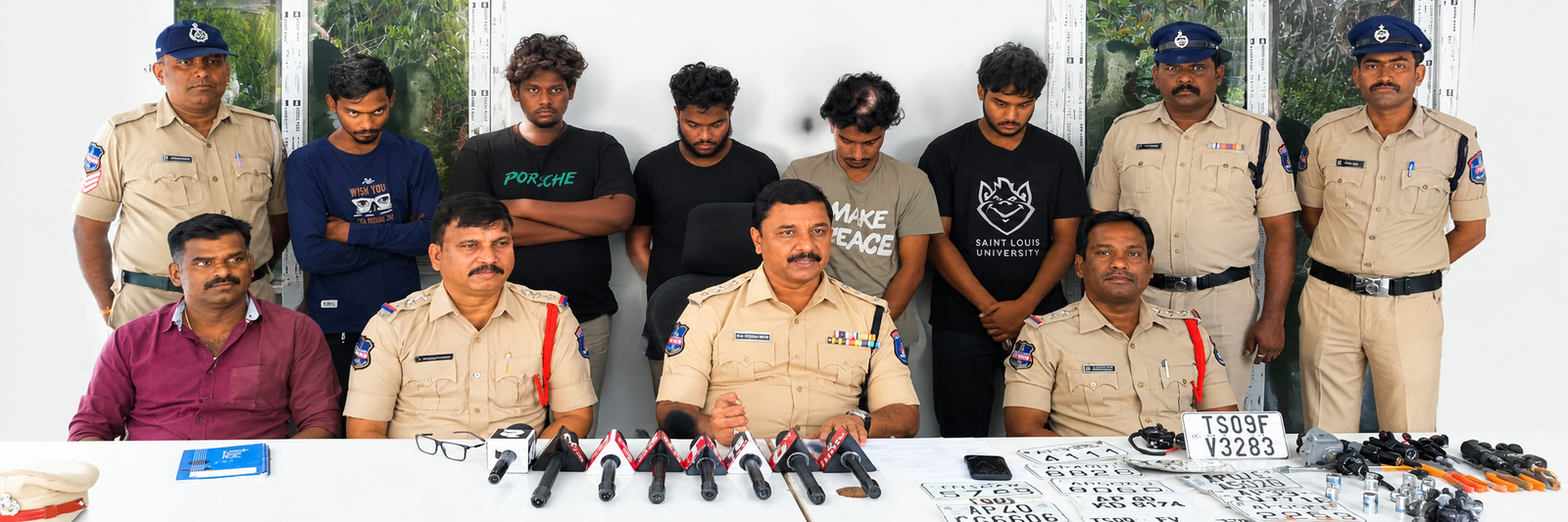 Cyberabad police recover stolen motorcycles and fake number plates during investigation.
