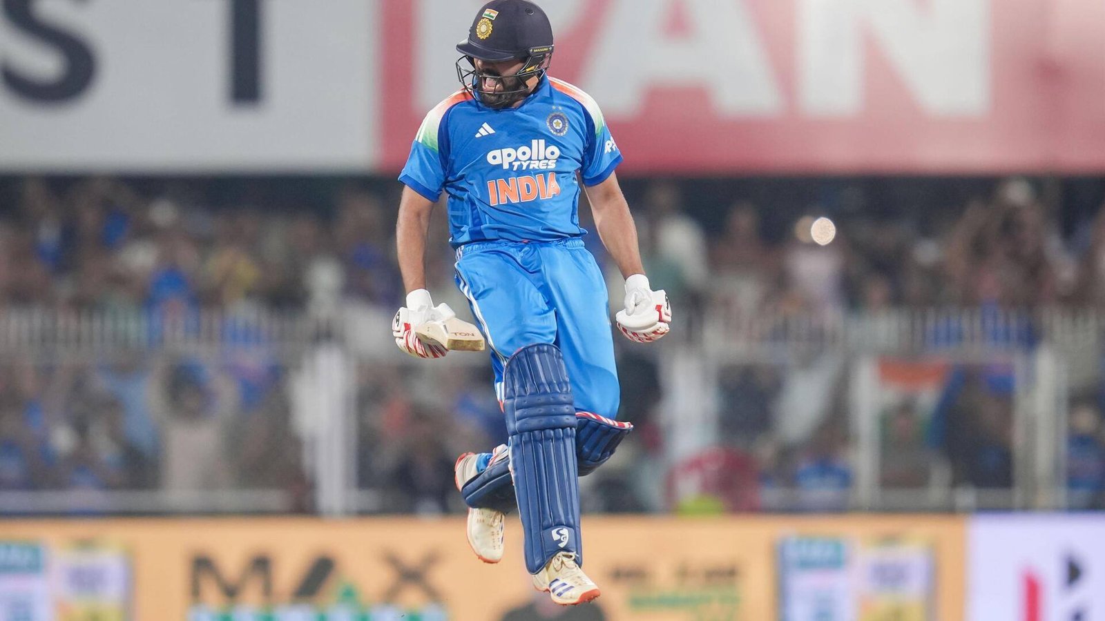Rohit Sharma celebrates after scoring century in Guwahati ODI