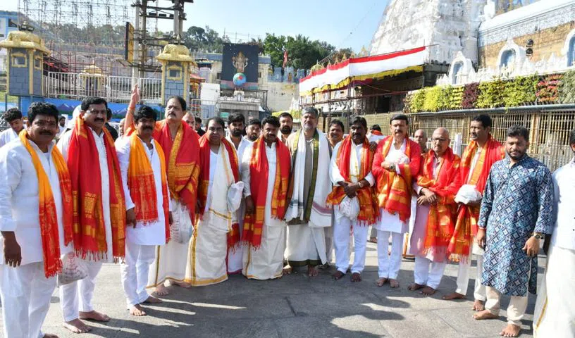 BRS leaders Talasani Srinivas Yadav and Ramana at Tirumala temple
