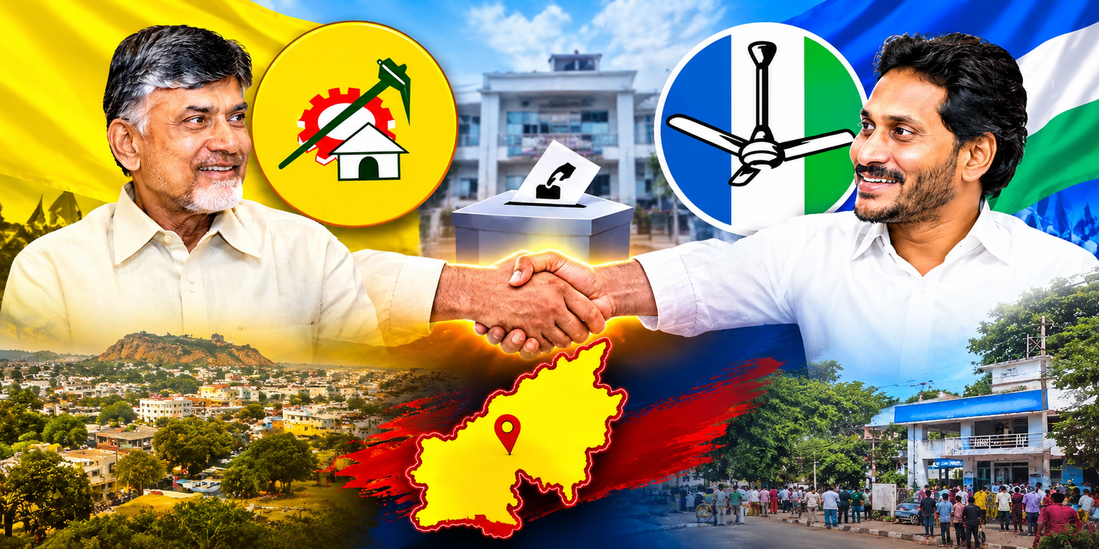 Chandrababu Naidu and YS Jagan-themed political handshake graphic about municipal post sharing in Andhra Pradesh.