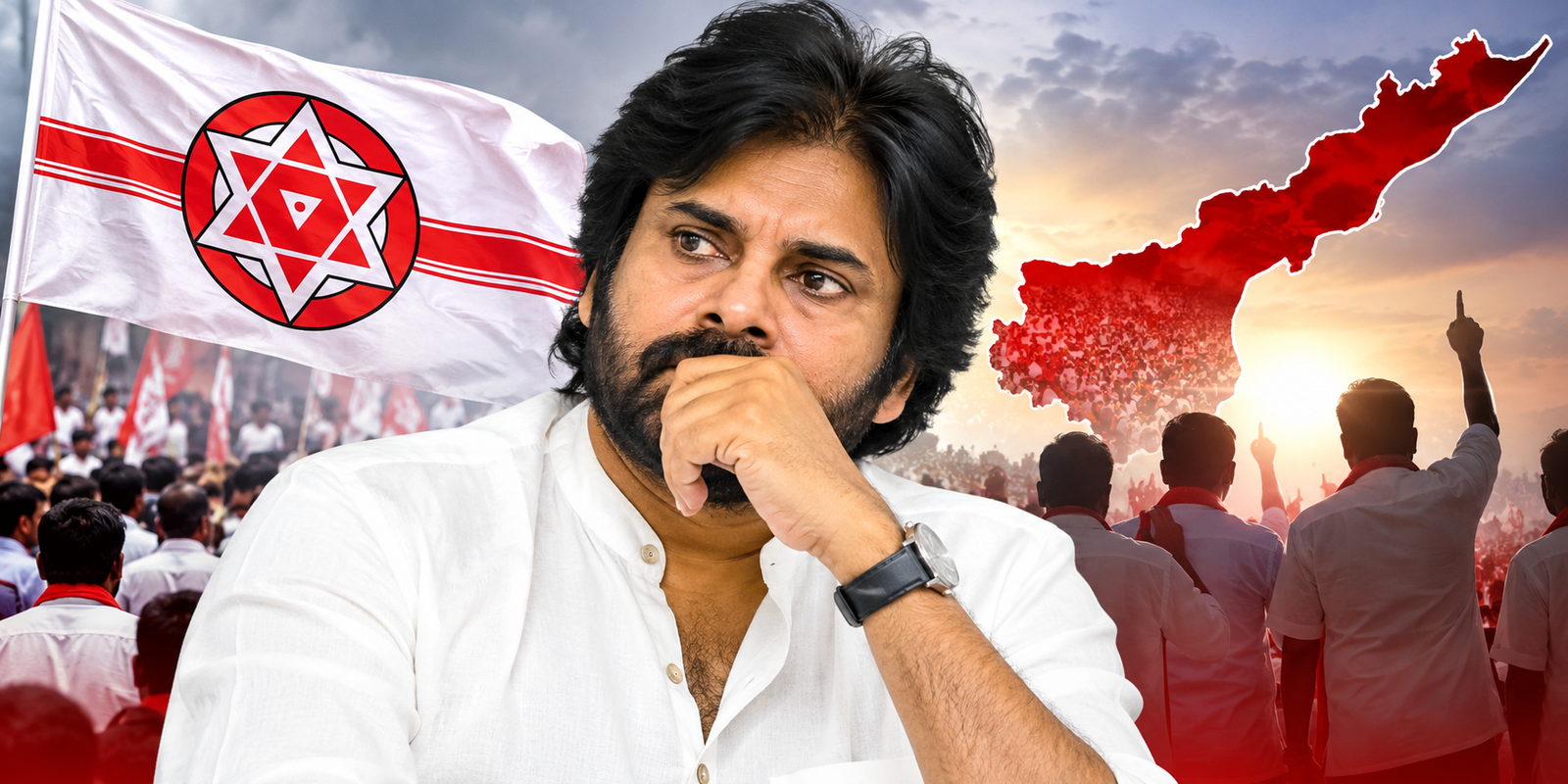 Pawan Kalyan and Janasena supporters at a political gathering