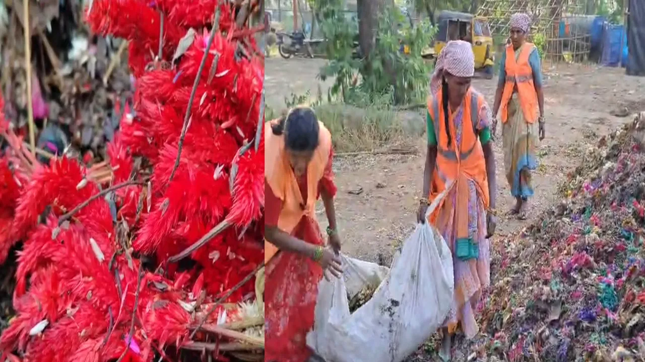 Workers collecting Bathukamma flower waste for composting in Warangal, Telangana.